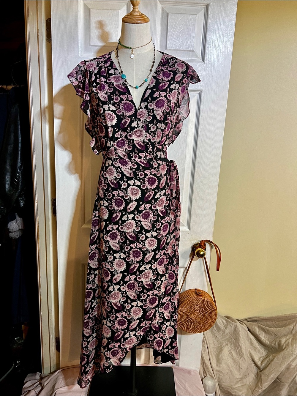 Rebecca Minkoff Wms Floral Purple Chiffon Ruffle Wrap‎ Asymmetric Maxi Dress XS